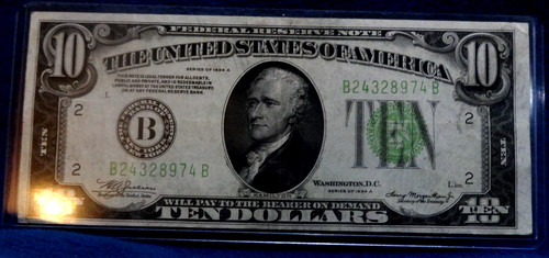 1934 fed res note bank - 1934-$10-fed., res.